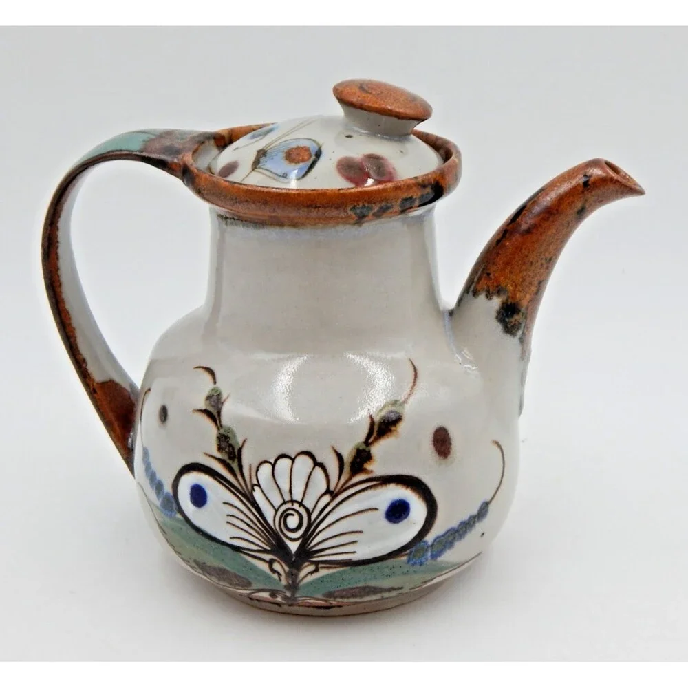 Tonala Ken Edwards Pottery Teapot Bird Butterfly Blue Brown 6 Inch